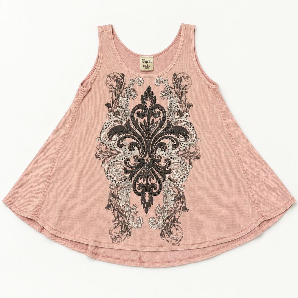 Be Vocal Pink Waffle Knit Swing Tank Top L Rhinestone Fleur De Lis USA
